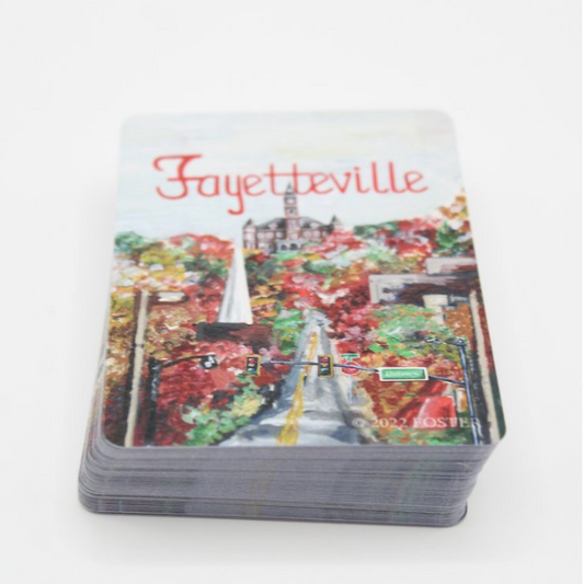 Fayetteville playing cards by FOSTER, display Fayetteville traditions and iconic places.