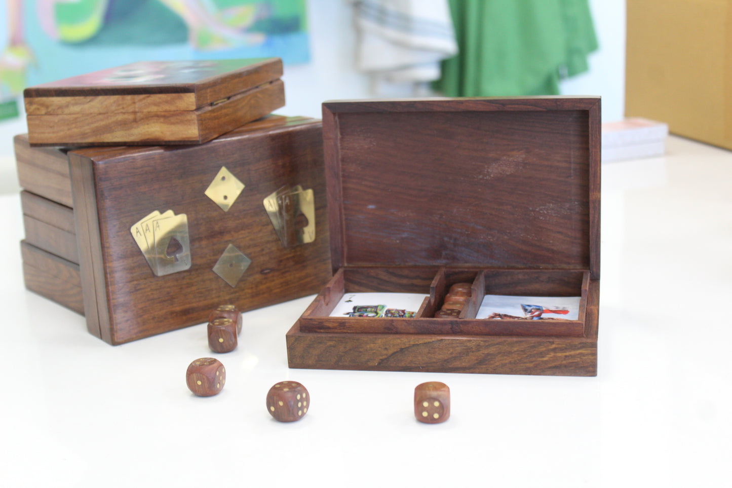 Wooden Playing Cards and Dice Game Set