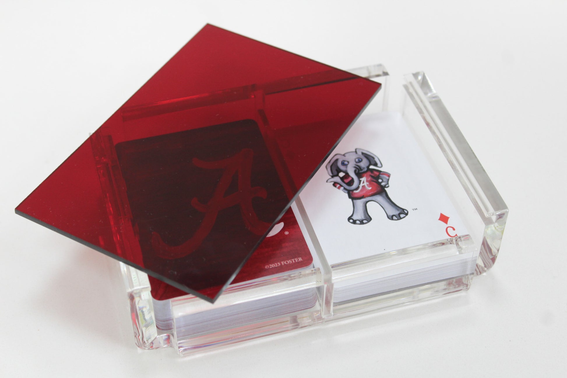 red acrylic playing card case from FOSTER with Alabama playing cards
