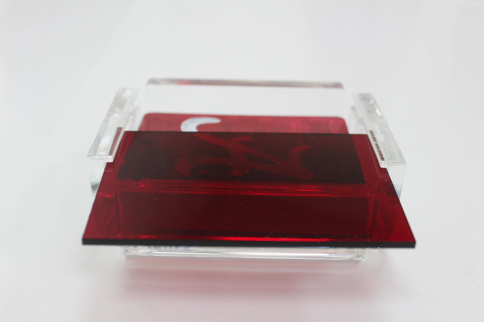 red acrylic playing card case from FOSTER