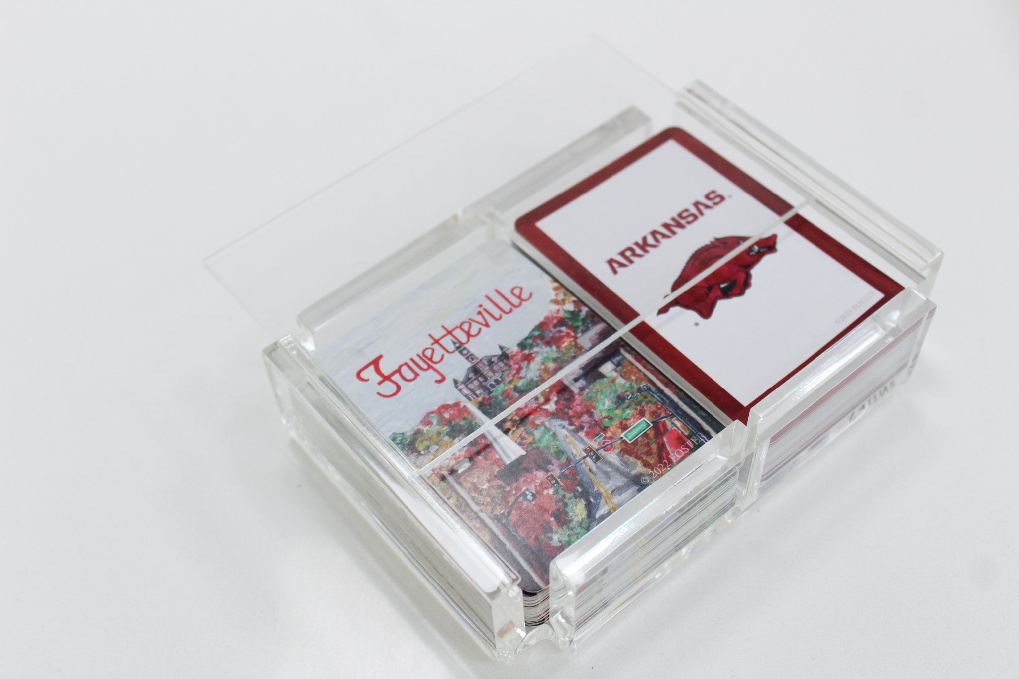 Fayetteville, Arkansas and University of Arkansas Playing Cards in a clear acrylic card case.