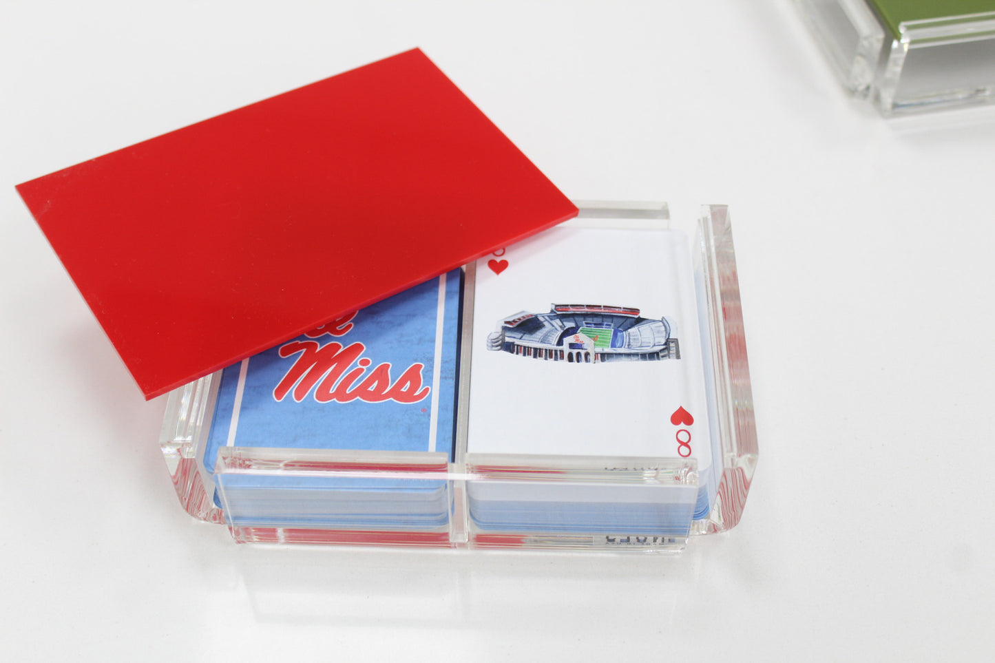 red acrylic playing card case from FOSTER with Ole Miss playing cards