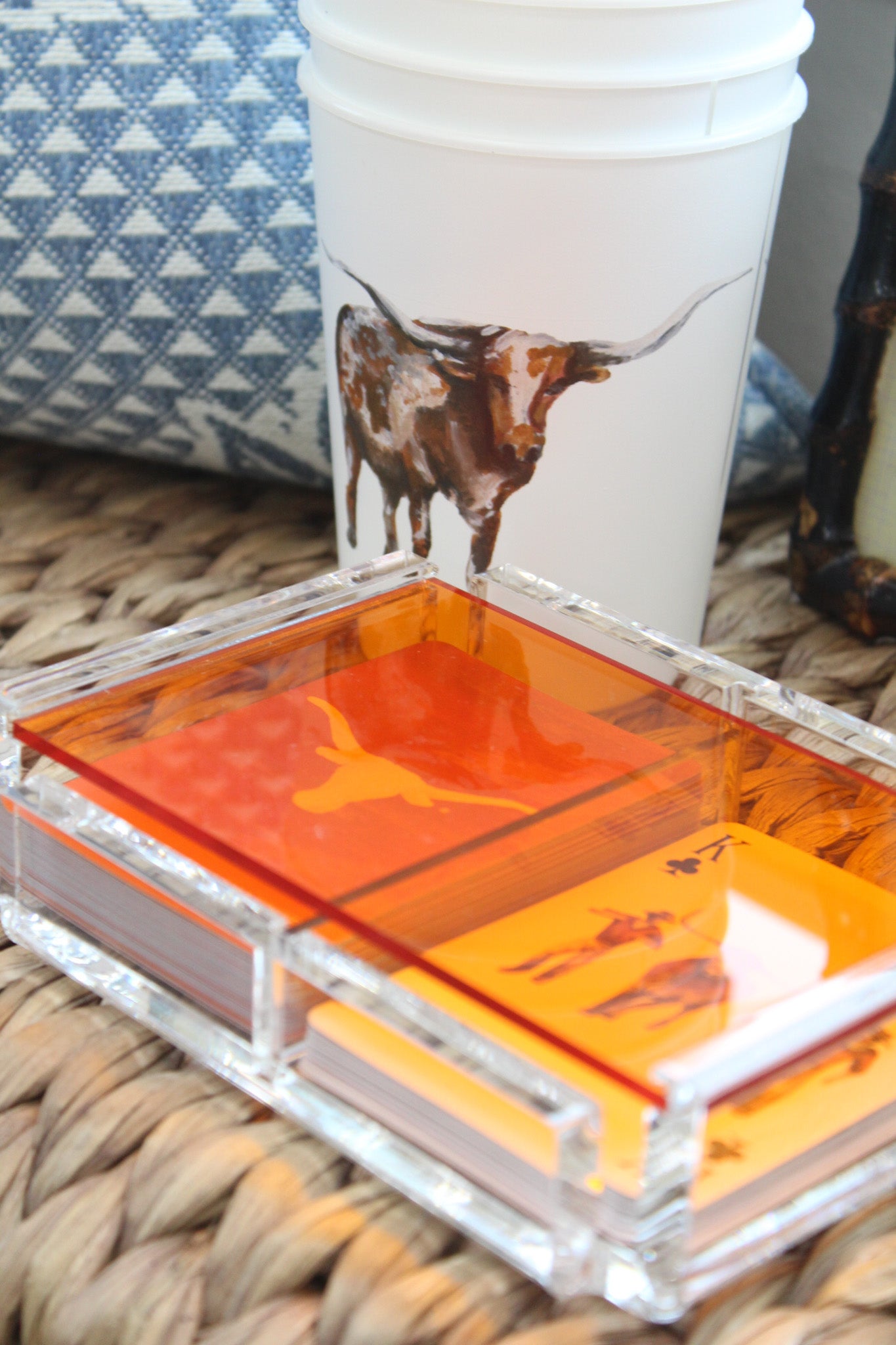 Orange acrylic playing card case  and longhorn cups from FOSTER