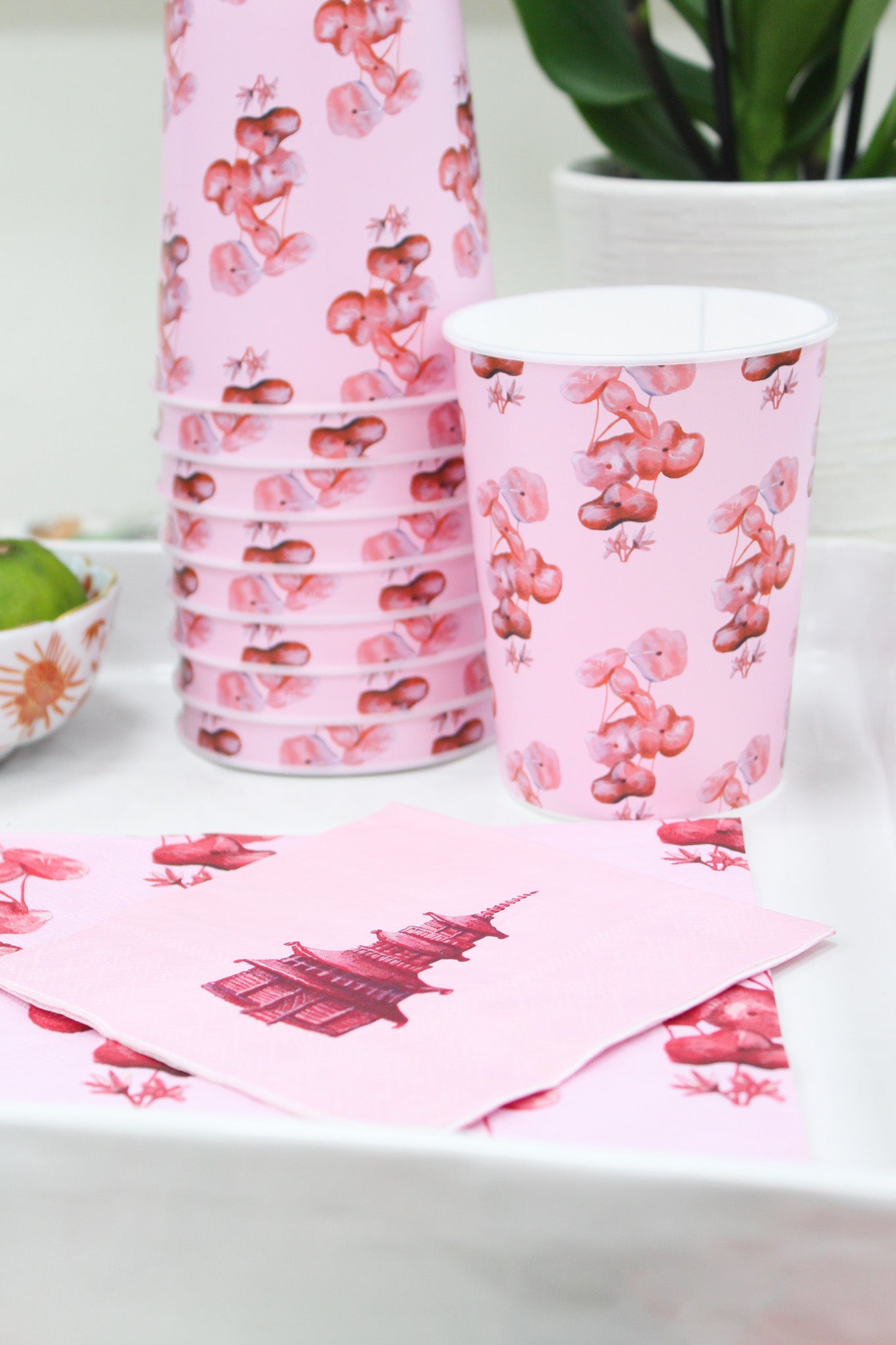 Pink Lilly and Pagoda reusable pink cup set, paper pink napkins
