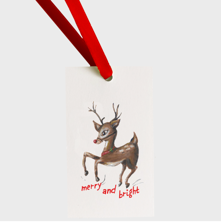 FOSTER gift tag with painting of rudolph and the words Merry and Bright