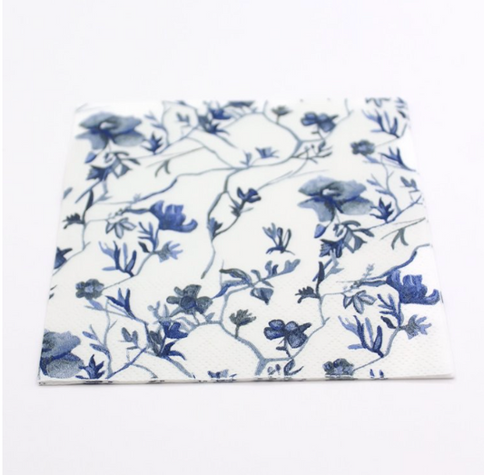 blue and white floral beverage napkins